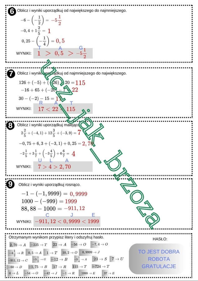 Liczby dodatnie i ujemne, dodawanie i odejmowanie, klasa 6, praca w grupach
