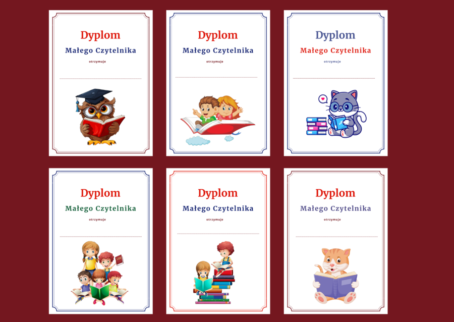 DYPLOM MAŁEGO CZYTELNIKA - pasowanie - BIBLIOTEKA - dyplomy – 12 wersji