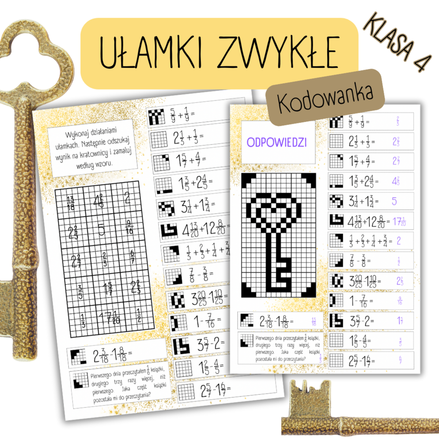 UŁAMKI ZWYKŁE - dodawanie/odejmowanie - KODOWANKA (klasa4) - walentynki  - matematyka