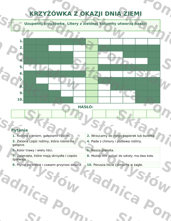 Dzień Ziemi – edukacyjna krzyżówka dla klas 1–3; karta pracy