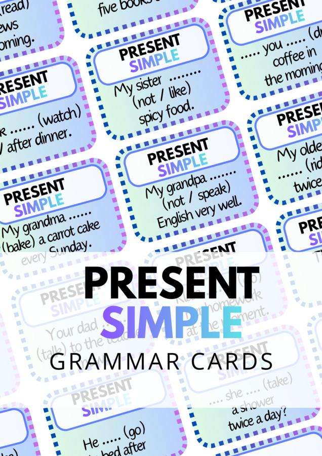 Present Simple - 120 Grammar Cards - uzupełnianie luk -  zestaw kart - karty - gramatyka - klasa 4, 5, 6  - egzamin ósmoklasisty - powtórka