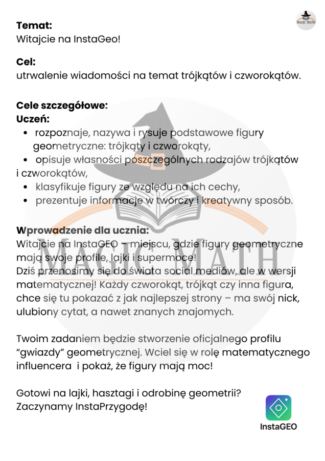 Witajcie na InstaGEO - social media dla figur geometrycznych! Geometria - pomysł na lekcję.