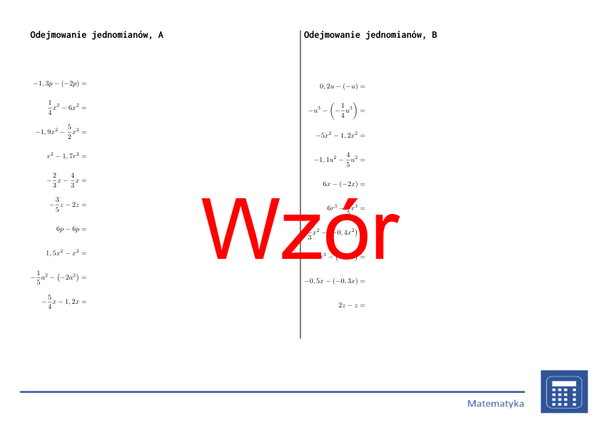 Odejmowanie jednomianów | matematyka, algebra | 26 kolumn