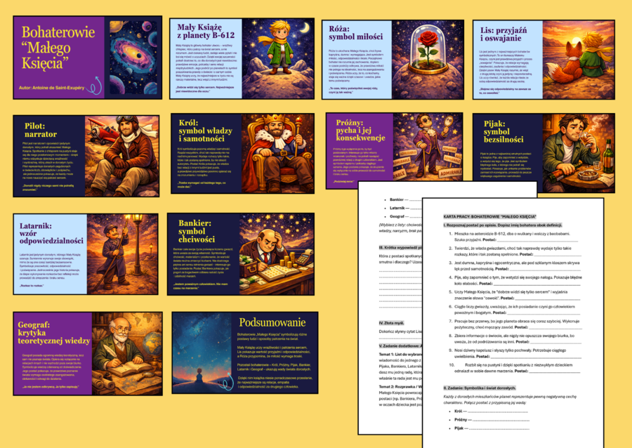 🌹🪐"MAŁY KSIĄŻĘ" - Bohaterowie- prezentacja + karta pracy z odpowiedziami