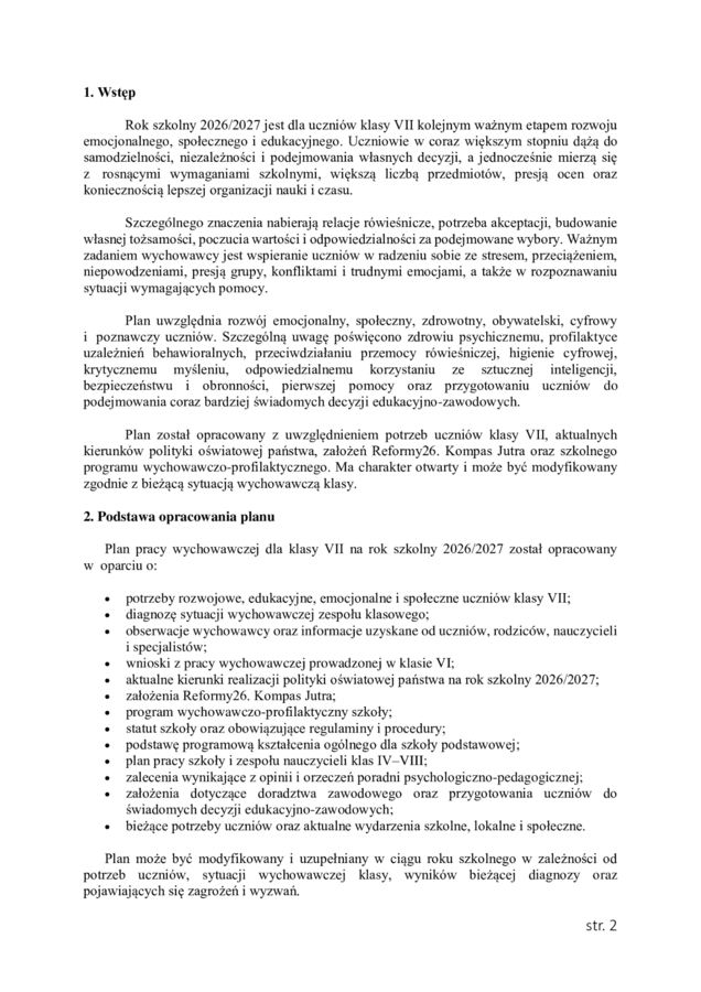 PLAN PRACY WYCHOWAWCZEJ dla klasy VII na rok szkolny 2026/2027