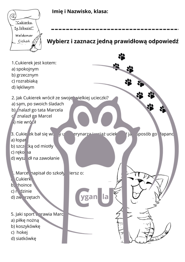 Karty Pracy z odpowiedziami do lektury „Cukierku, ty łobuzie!” Waldemara Cichonia