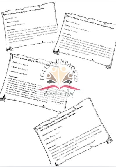 42 karty "Wskaż bohatera, który..." + odpowiedzi, egzamin ósmoklasisty, lektury obowiązkowe