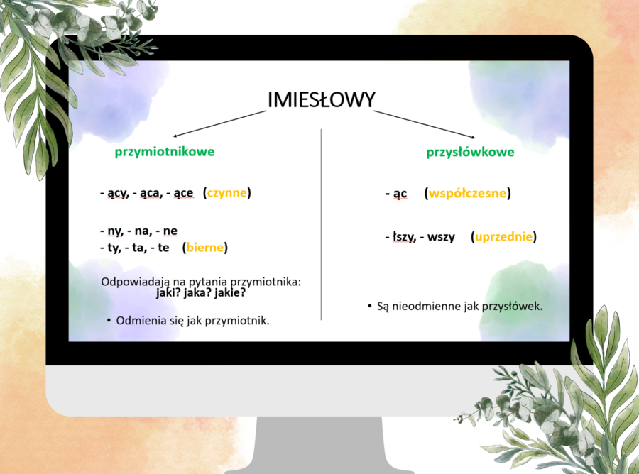 Imiesłowy - prezentacja, omówienie, szkoła podstawowa, egzamin ósmoklasisty, części mowy, język polski
