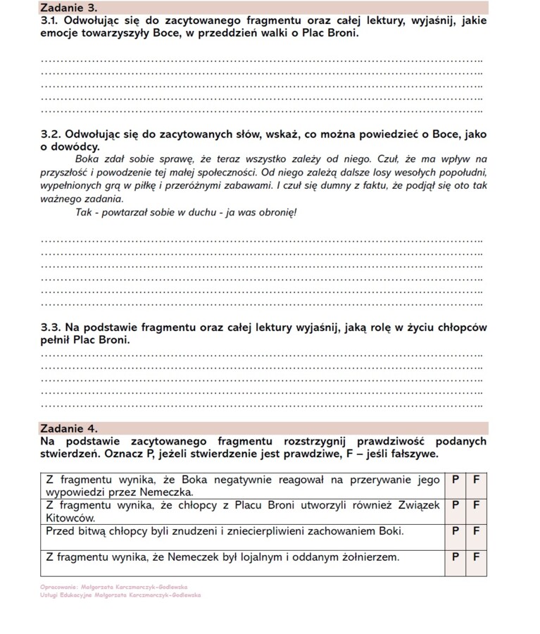 Karta pracy "Chłopcy z Placu Broni" - krytyczne czytanie