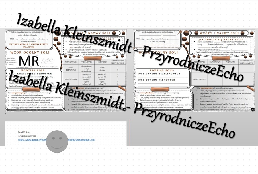 Minizestaw na temat „Nazwy i wzory soli” – sketchnotka + karta pracy w power point + gratisowy link do prezentacji multimedialnej niekomercyjnej wykonanej w genial.ly do indywidualnego pobrania i użycia do celów niekomercyjnych. Chemia 8, „Sole”