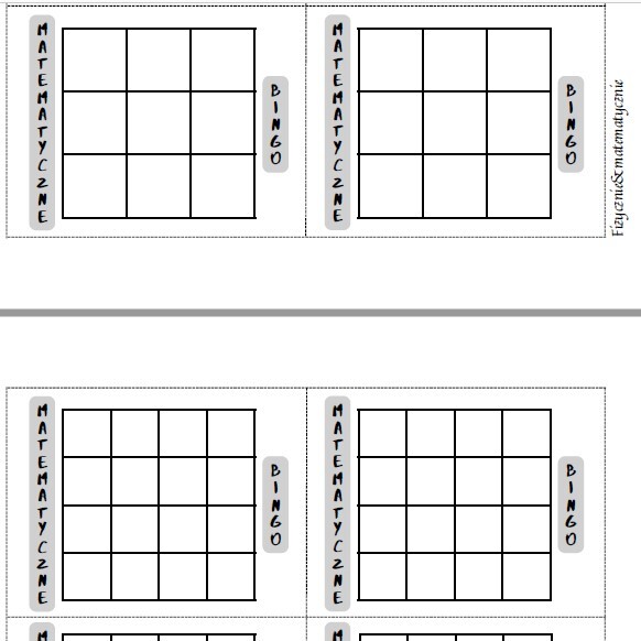 Puste szablony do gry w matematyczne Bingo (3x3 oraz 4x4).