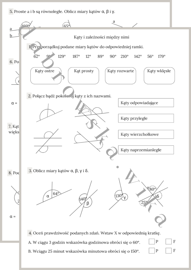 Kąty i zależności między nimi - zestaw zadań