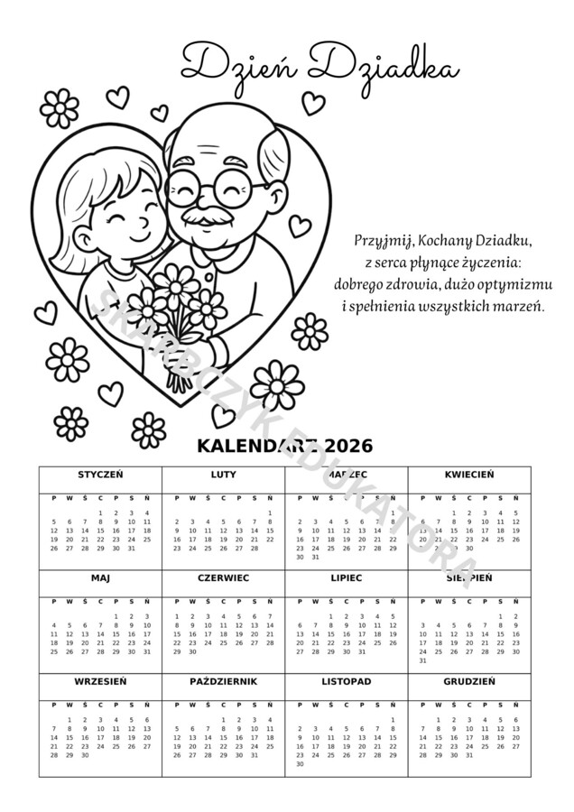 DZIEŃ BABCI I DZIADKA - KALENDARZ 2026 rok - różne wzory
