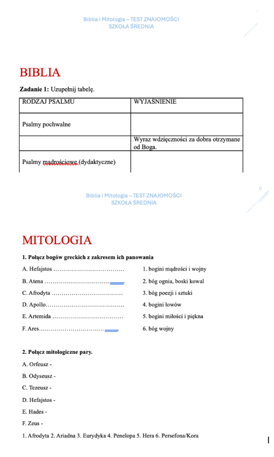 Mitologia i Biblia - sprawdzian