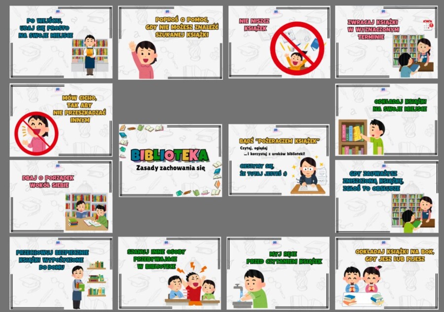 Biblioteka - zasady zachowania, regulamin w formie gazetki