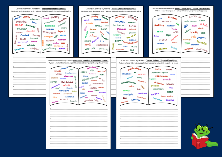 LEKTUROWE CHMURY WYRAZOWE - lektury obowiązkowe z kl. 4 - 8 - chmura - karta pracy - EGZAMIN - powtórka - 18 str.