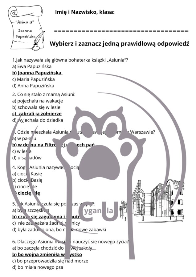 Karty Pracy z odpowiedziami do lektury „Asiunia” Joanny Papuzińskiej