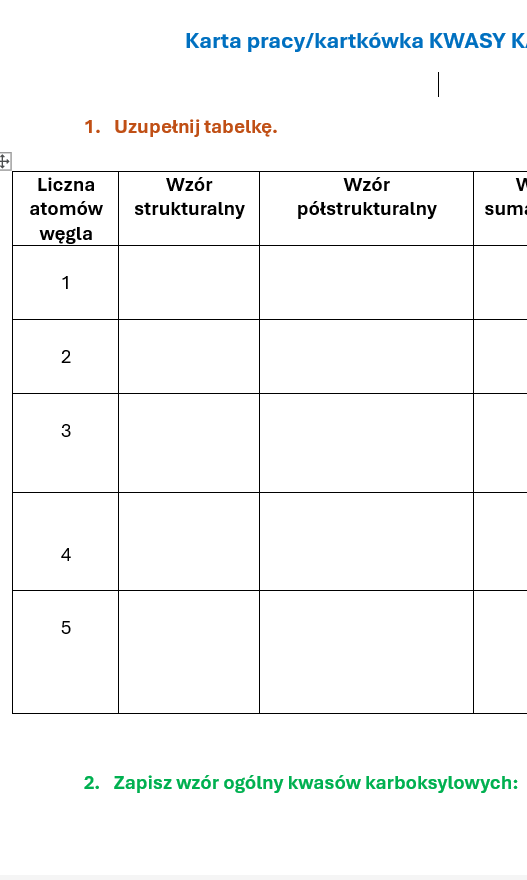Kartkówka/karta pracy KWASY KARBOKSYLOWE