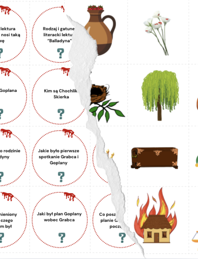 Balladyna 3 kartki z pytaniami + elementy graficzne