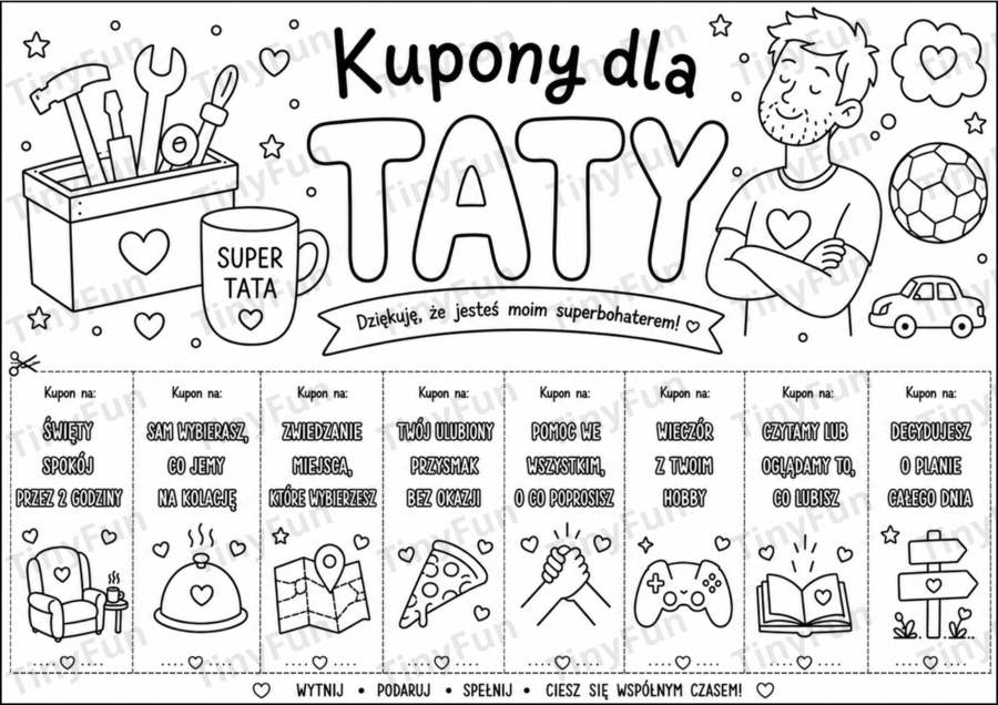 Kupony dla Taty do Kolorowania – 24 Kupony DIY dla Dzieci | Prezent na Dzień Taty PDF A4