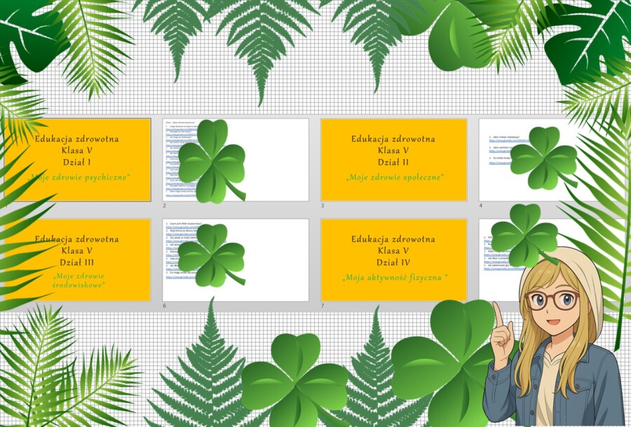 Duży (całoroczny) zestaw na lekcje do edukacji zdrowotnej w klasie 5. Zestaw zawiera prezentacje multimedialne (treści z lekcji oraz pomysł na lekcję krok po kroku) w pdf. Edukacja zdrowotna. Klasa 5.