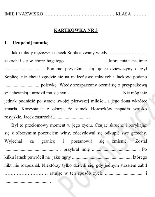 Sprawdzian. Kartkówki "Pan Tadeusz"