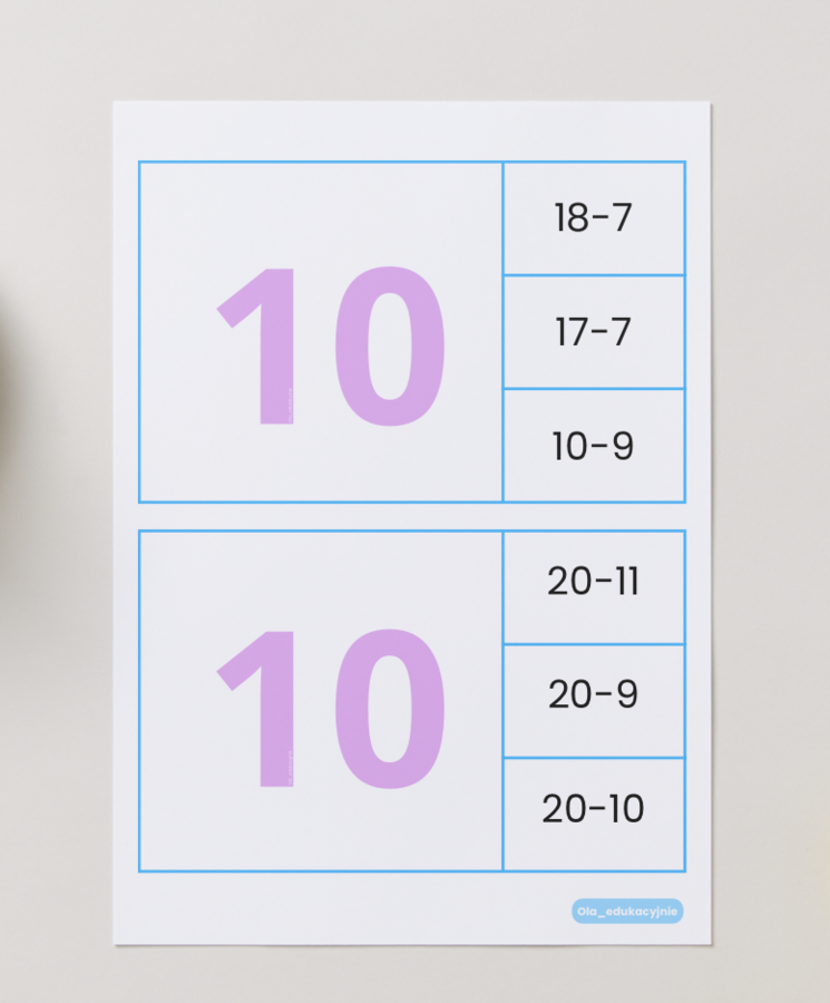 Obliczenia do 50 – dodawanie i odejmowanie (karty z klamerkami)