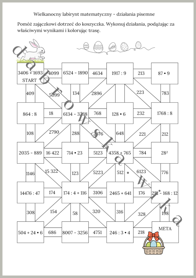 Wielkanocny labirynt matematyczny - działania pisemne