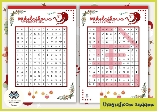 MIKOŁAJKOWA wykreślanka dla dużych i małych. Ortografia. Mikołajki. Boże Narodzenie.