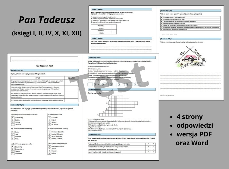 "Pan Tadeusz" (księgi I, II, IV, X, XI, XII) – test znajomości lektury