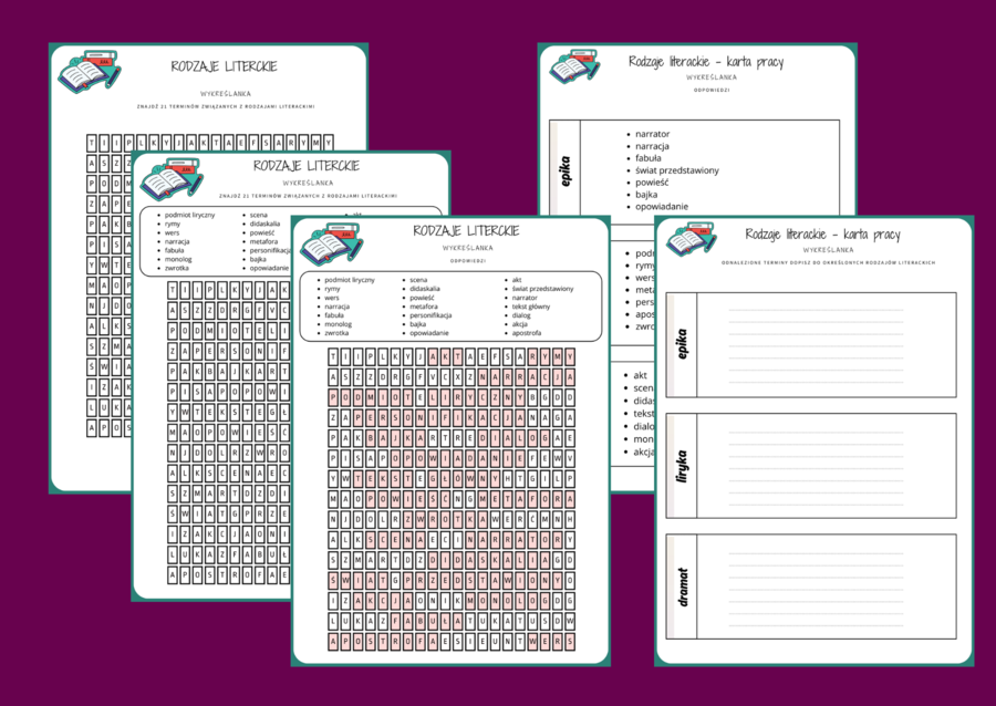 RODZAJE LITERACKIE - wykreślanka - EPIKA - LIRYKA - DRAMAT - karta pracy - powtórka - egzamin + odpowiedzi