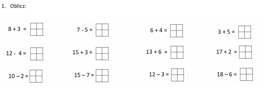 Sprawdzian z edukacji matematycznej dla klasy pierwszej.