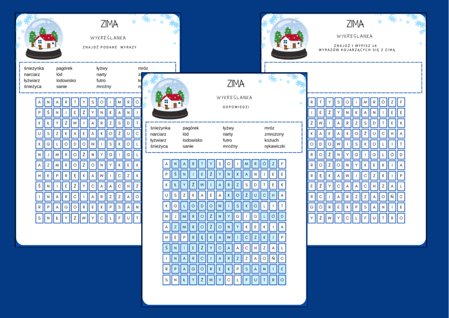 ZIMA – wykreślanka – biblioteka – świetlica - ORTOGRAFIA