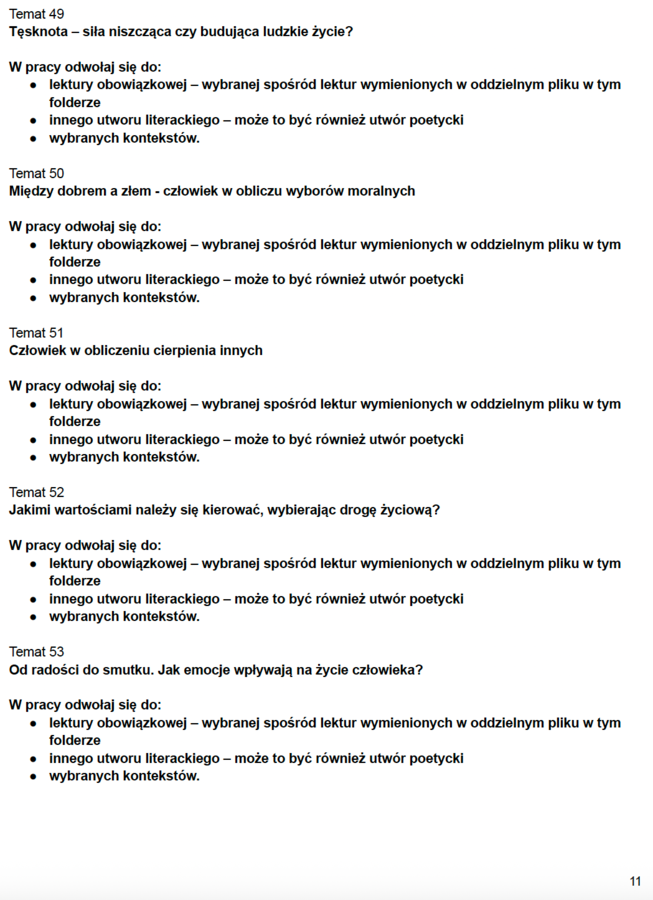 Zadania maturalne z j.polskiego - Tematy wypracowań