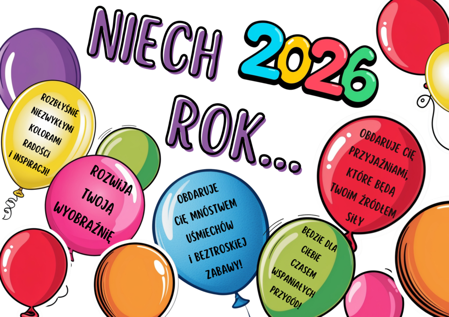 Gazetka na Nowy Rok 2026 do szkoły i przedszkola. Kolorowa dekoracja z wieloma elementami do samodzielnej aranżacji. Idealna na tablicę szkolną i styczeń.
