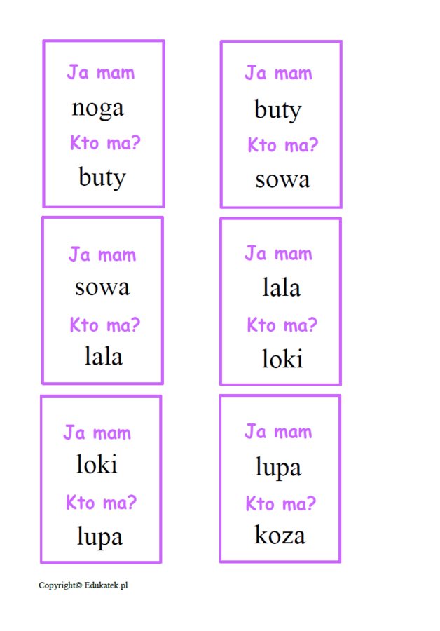 Zestaw kart typu kto ma, ja mam – wyrazy