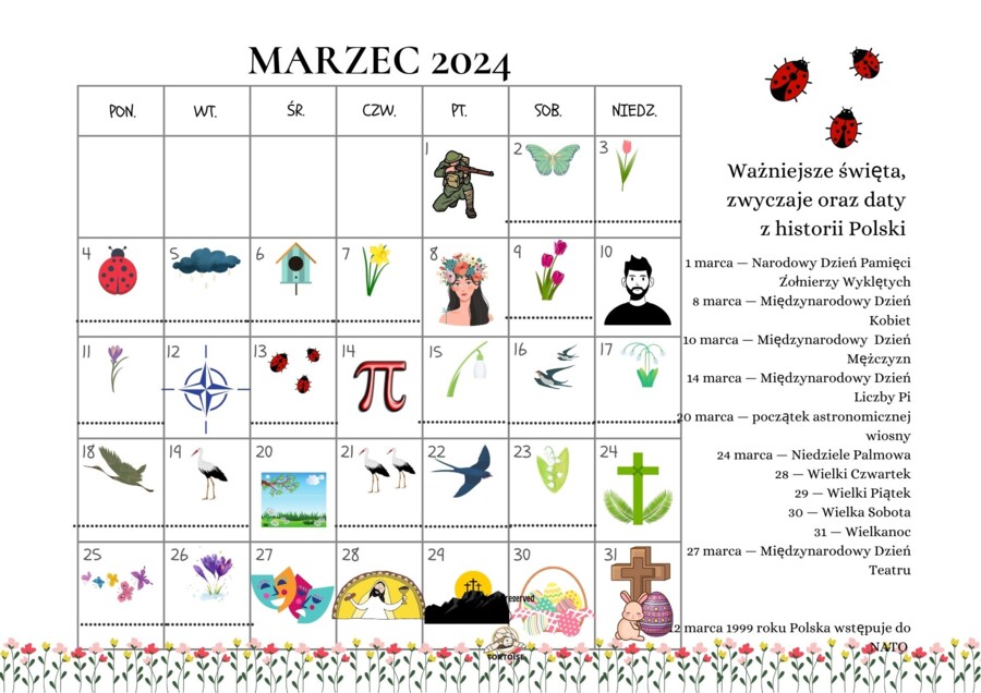 Kalendarz dla uczniów uczących się języka polskiego jako obcego na rok 2024 z ćwiczeniami
