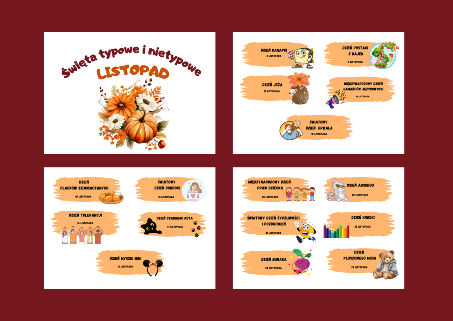 ŚWIĘTA TYPOWE I NIETYPOWE – LISTOPAD – napisy – gazetka – dekoracja – BIBLIOTEKA – świetlica - przedszkole