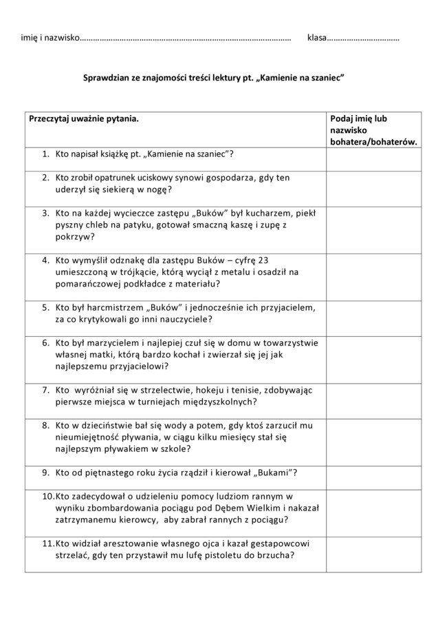sprawdzian ze znajomości treści lektury pt. "Kamienie na szaniec"