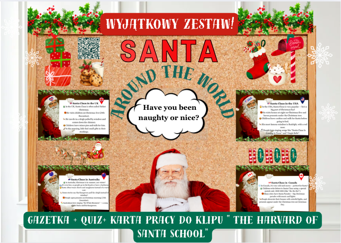 Gazetka językowa Santa Around the World+ kod QR do filmiku+karta pracy+ quiz| Wyjątkowa Edukacyjna dekoracja klasy lub korytarza