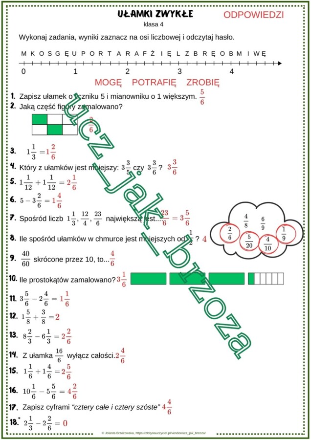 Ułamki zwykłe, powtórzenie w klasie 4, karta pracy z hasłem