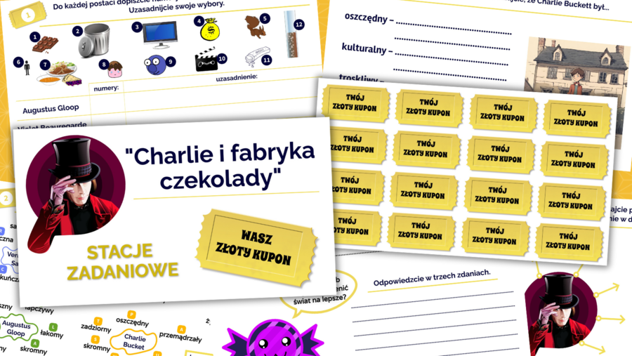 Stacje zadaniowe zamiast kartkówki z lektury "Charlie i fabryka czekolady"