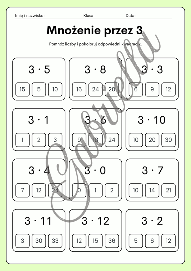 Tabliczka mnożenia - karty pracy, mnożenie przez 2,3,4 oraz 5.
