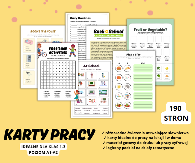 KARTY PRACY ANGIELSKI, POZIOM A1-A2, SZKOŁA PODSTAWOWA KLASY 1-3, SŁÓWKA