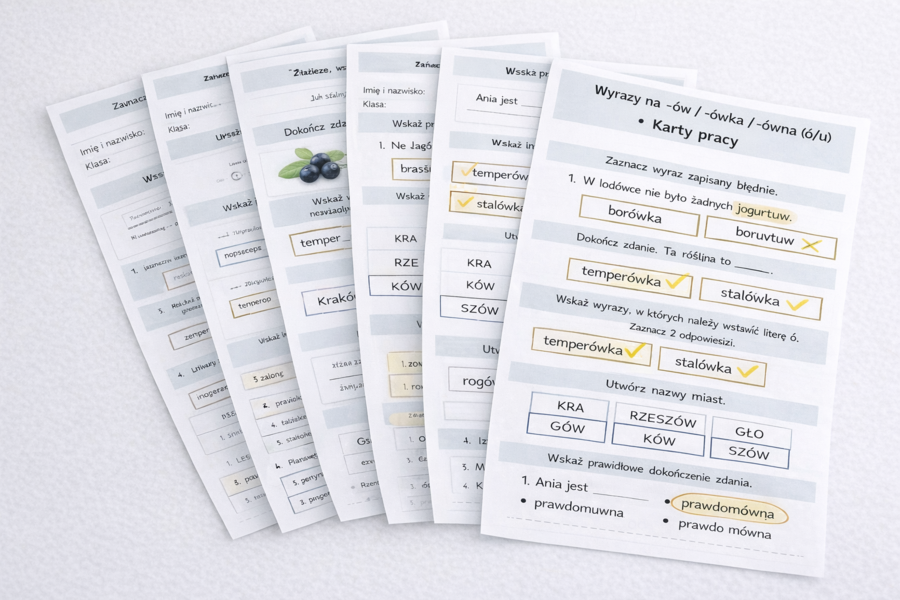 WYRAZY ZAKOŃCZONE NA -ÓW, -ÓWKA, -ÓWNA [Karta pracy, sprawdzian]
