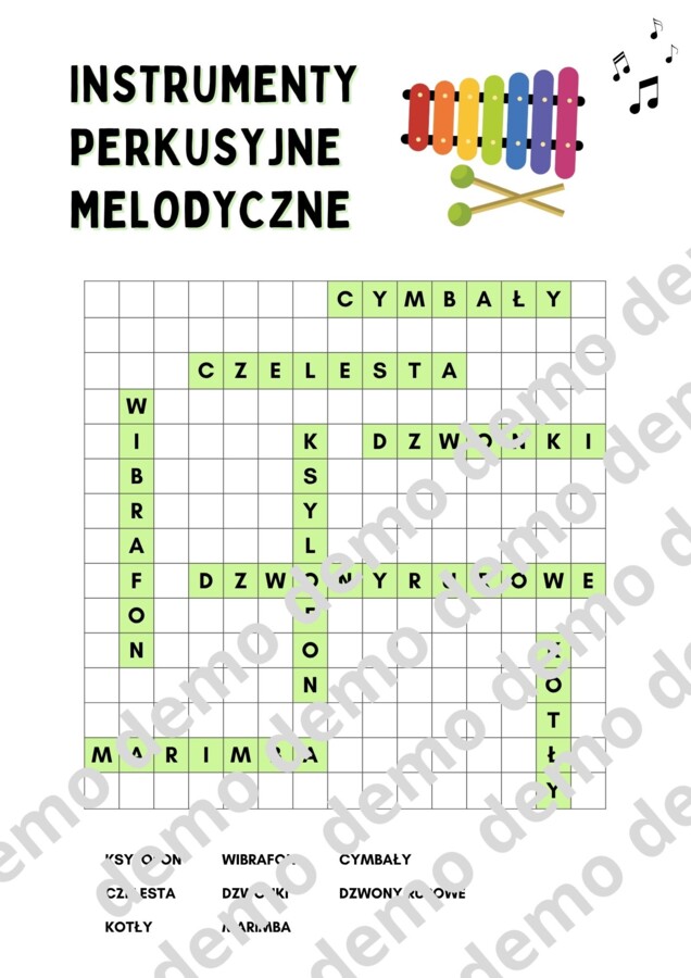 Muzyka, klasa 4. Instrumenty perkusyjne. Karty pracy: dwie wykreślanki.
