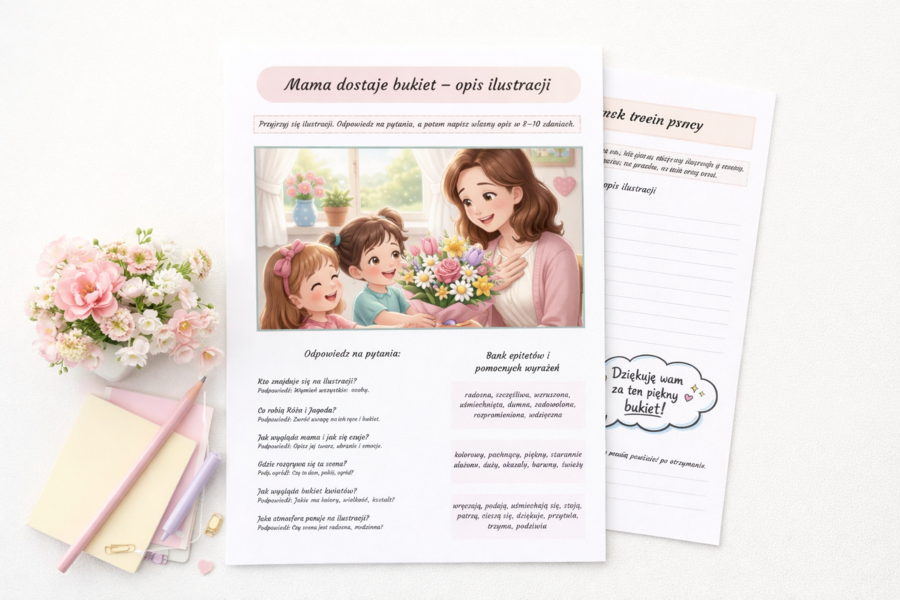 Mama dostaje bukiet - opis ilustracji [Karta pracy]