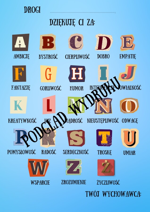 Podziękowania dla uczniów na koniec roku szkolnego - wersja niebieska.