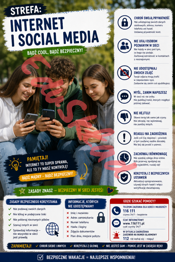 🌞 Bezpieczne Wakacje — nowoczesne plakaty edukacyjne na gazetkę szkolną 🌊🚴⛰️📱