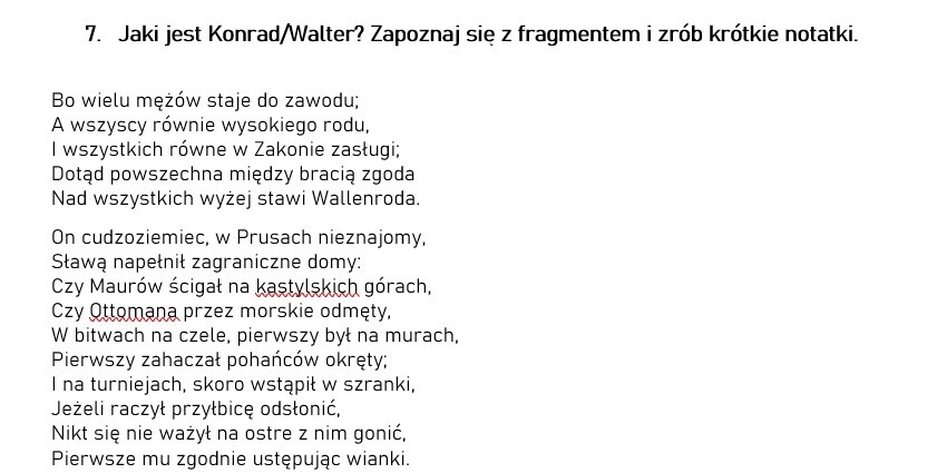 "Konrad Wallenrod" Adama Mickiewicza - zadania do lektury